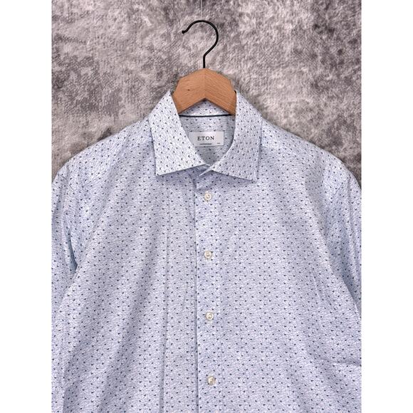 Eton Dress Shirt 42 / 16.5 Mens Contemporary Fit White Blue Bird Print Geometric - Picture 2 of 9